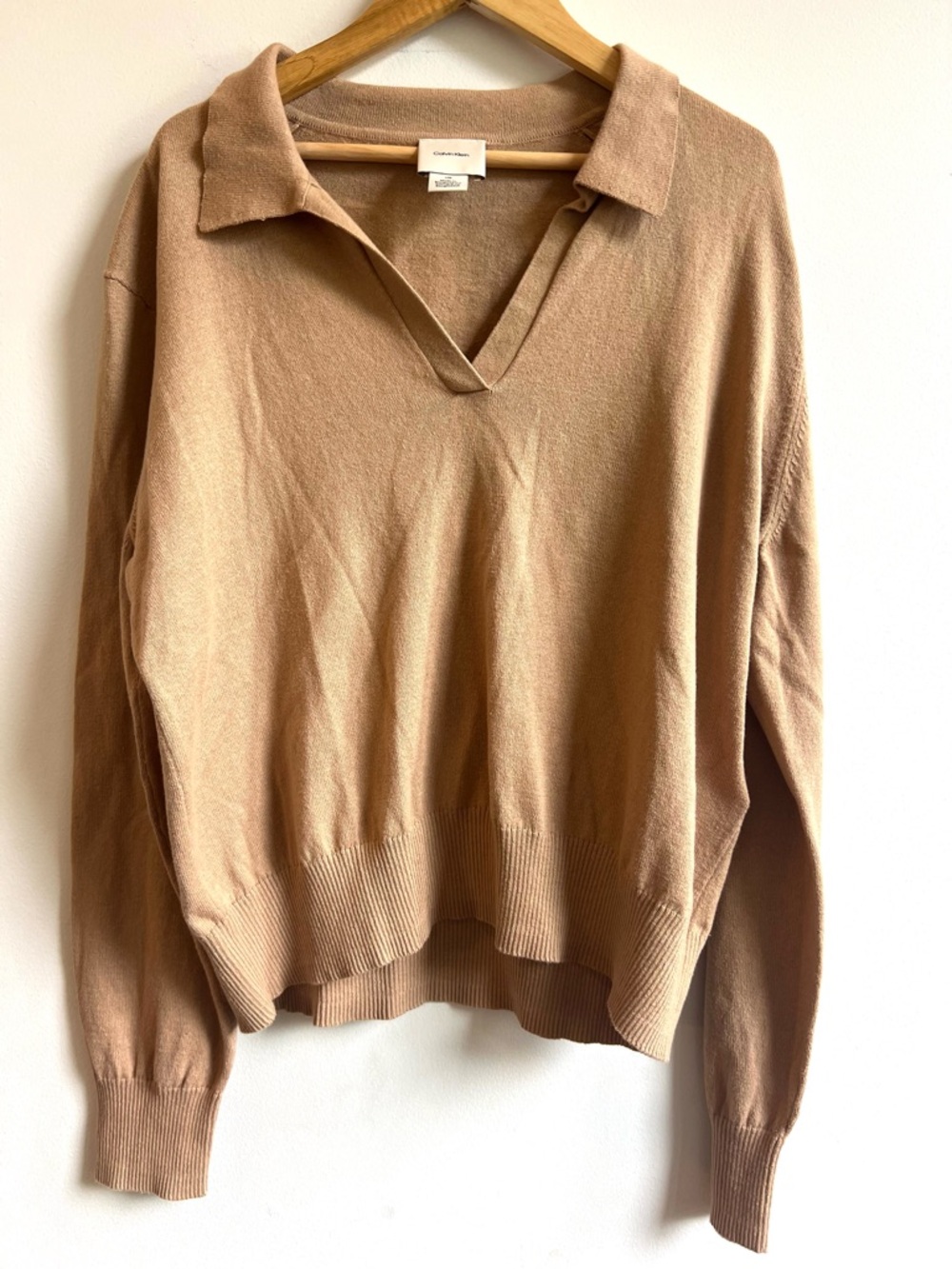 Eclectic Grandpa Women's 100% Cotton V-Neck Collared Sweater in Camel